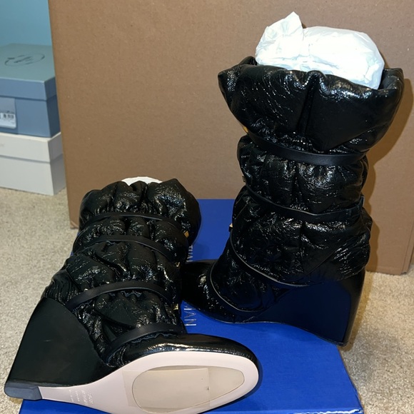 NWT STUART WEITZMAN WOMEN’S DUVET ROUND TOE STUDDED LEATHER WEDGE BOOTS - Picture 11 of 12